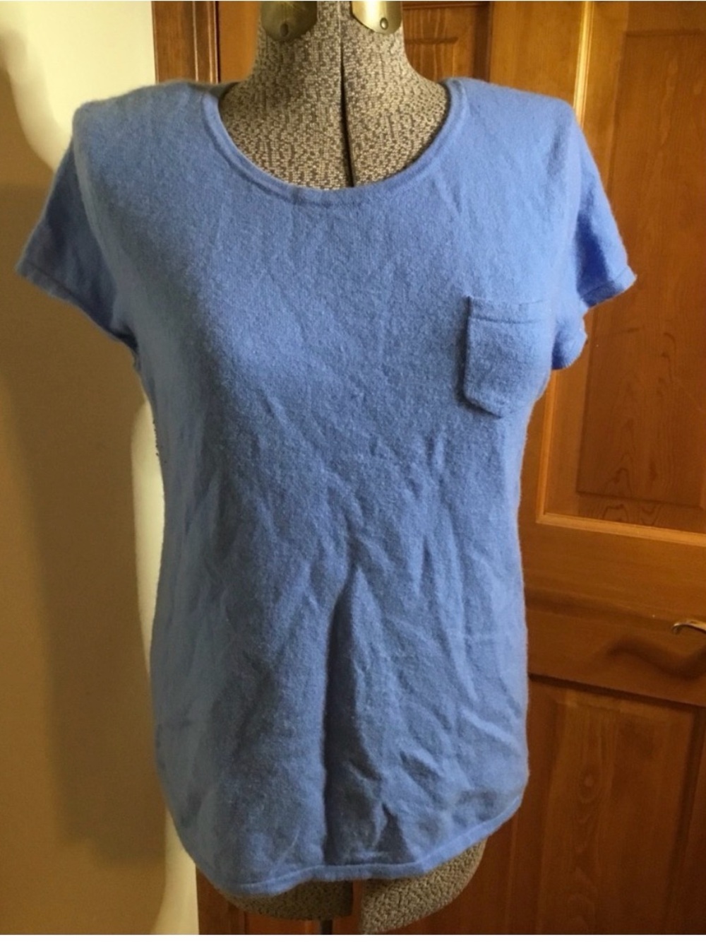 Garnet Hill Blue Short-Sleeve cashmere Pocket Tee